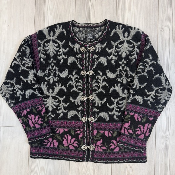VTG Skyr Women's Wool Blend Cardigan Sweater Medium Floral Nordic Isle - Picture 3 of 10